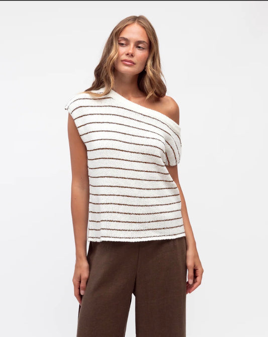 Oat Stripe One Shoulder Boucle Knit  - White Closet