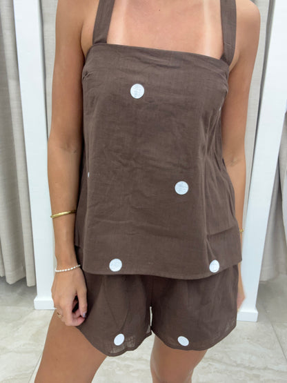 Choc Polka Dot Set - Strap Top By Frankie