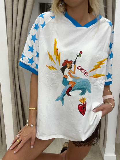 White/Blue Giddy Up Tee - By Frankie