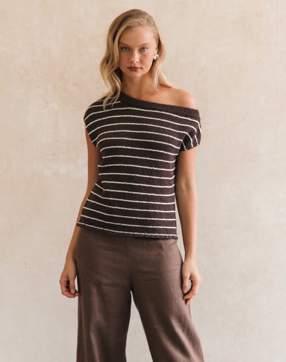 Choc Stripe One Shoulder Boucle Knit Top - White Closet
