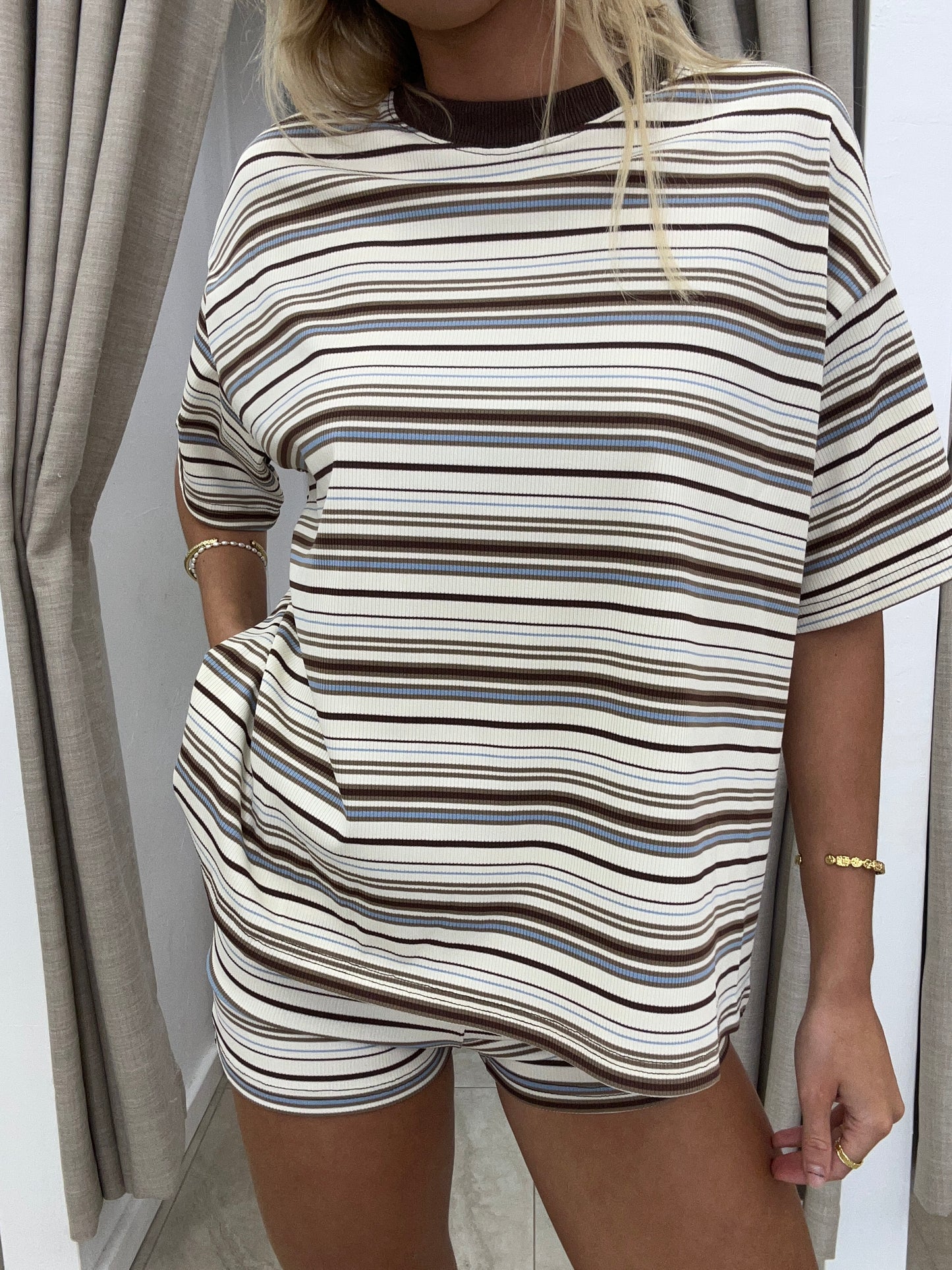 Beige/Choc Stripe Set - Shirt Cotton By Frankie