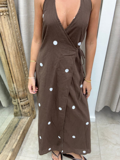 Chocolate Polka Dot Wrap Maxi Dress - By Frankie Cotton