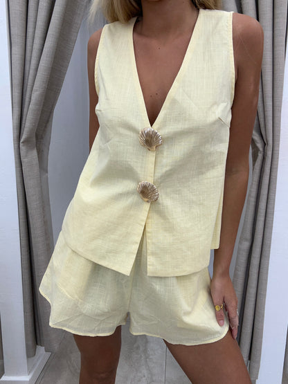 Yellow Shell Button Vest Set Cotton - Top By Frankie