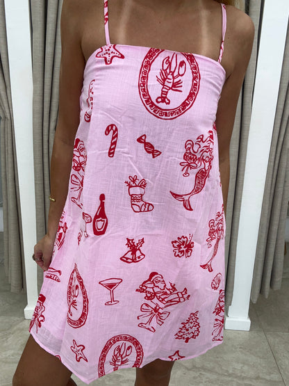 Pink Santa Print Mini Dress Cotton - By Frankie