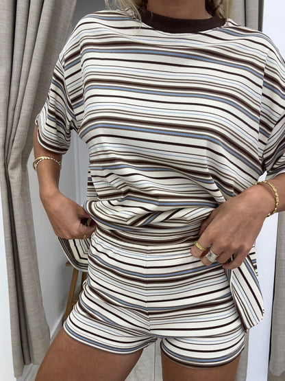 Beige/Choc Stripe Set - Shorts Cotton By Frankie