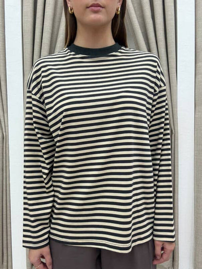 Viral Stripe Long Sleeve Shirt By Frankie Black & Beige