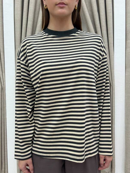 Viral Stripe Long Sleeve Shirt By Frankie Black & Beige