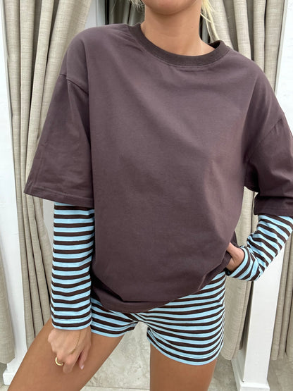 Choc/Blue Stripe Layered Shirt Set - Shirt By Frankie