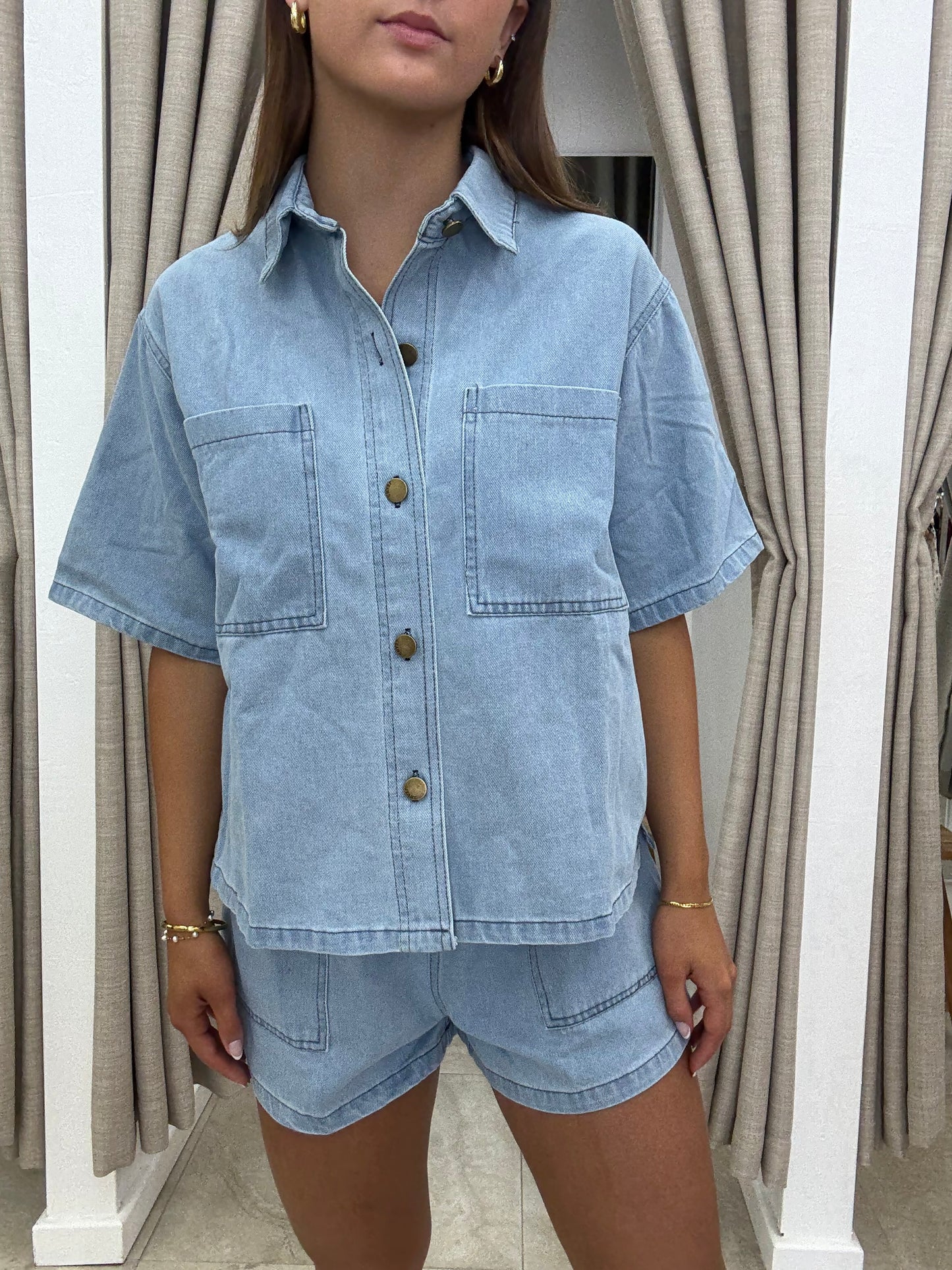 New denim set light colour jeans buttons shorts
