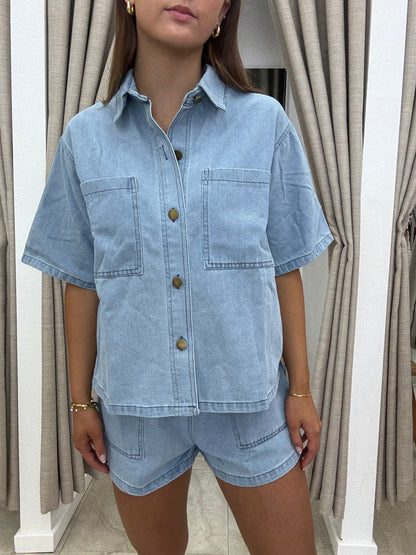 New denim set light colour jeans buttons shorts