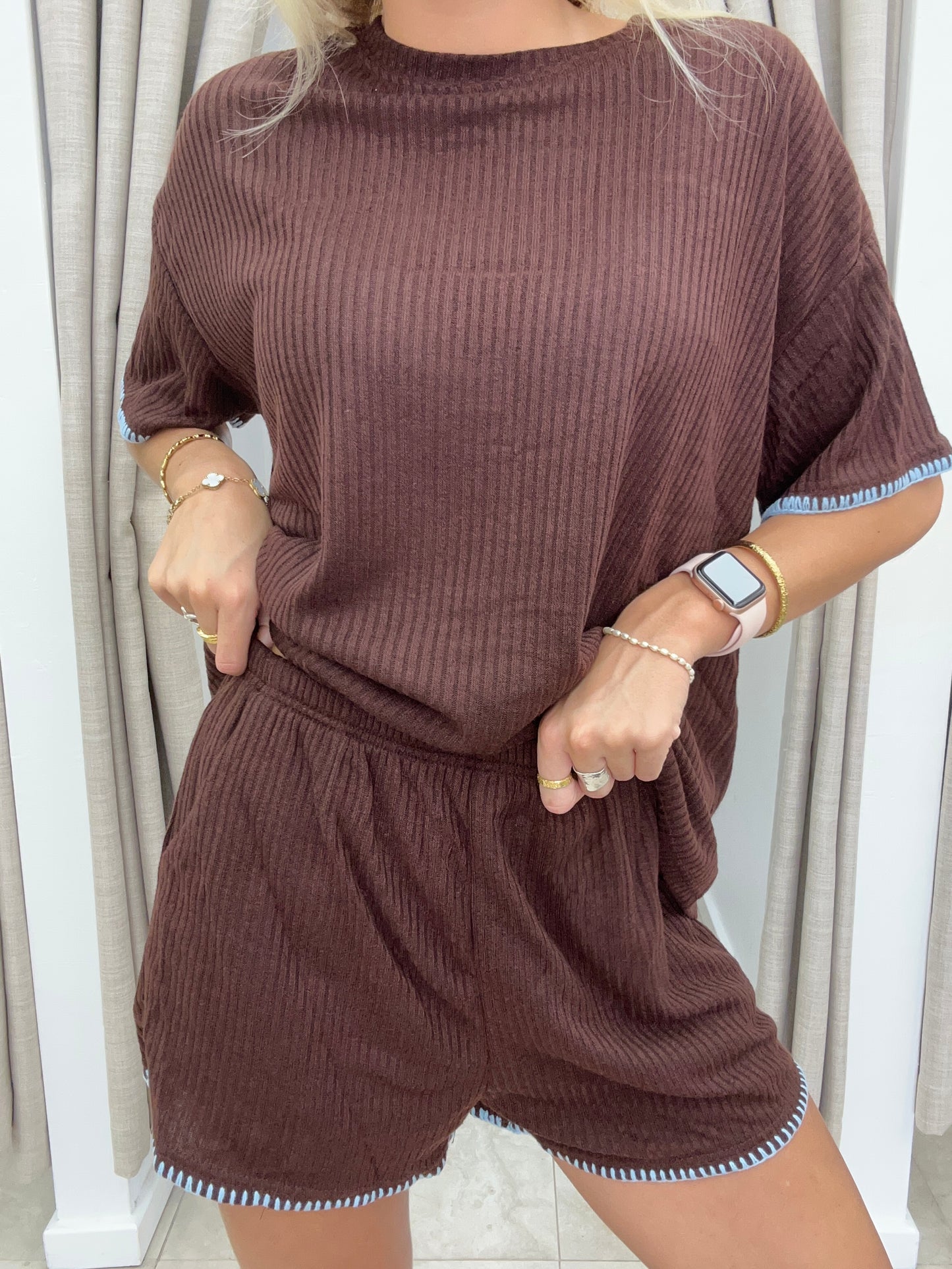 Blue/Choc Embroided Knit Set - Shorts By Frankie