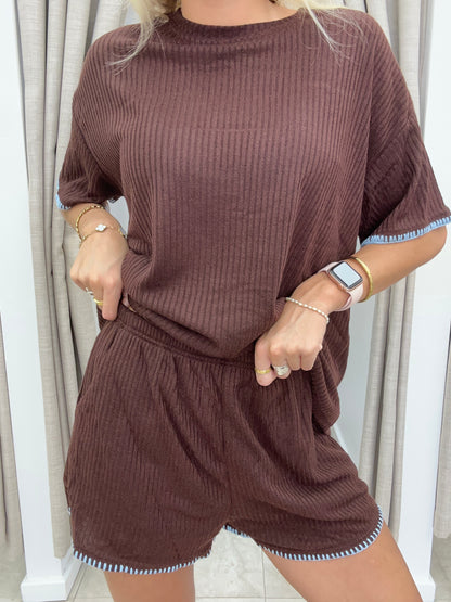 Blue/Choc Embroided Knit Set - Shorts By Frankie