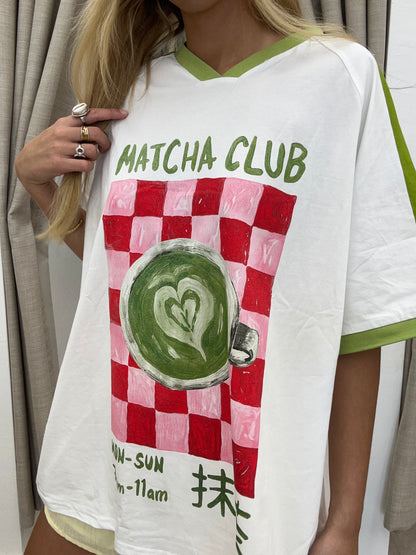 Matcha Club T-Shirt White/Green Cotton By Frankie