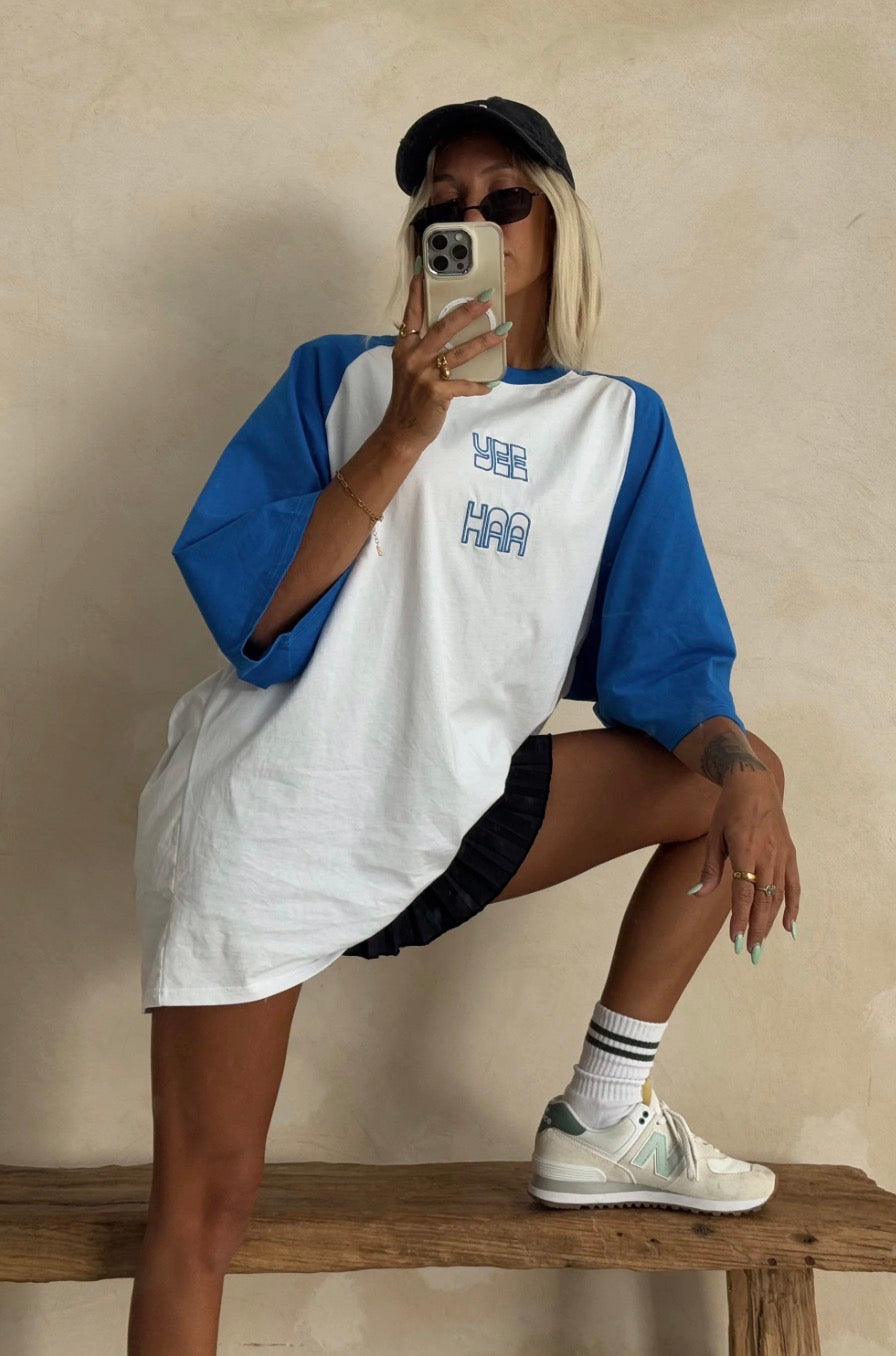 Yee Haa Raglan Tee - White/Blue Cracker Day