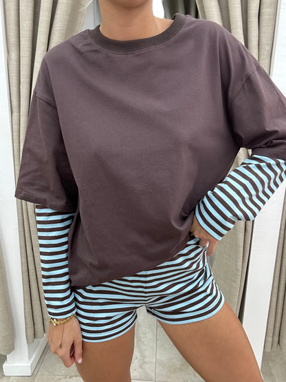 Choc/Blue Stripe Matching Shorts Set - By Frankie