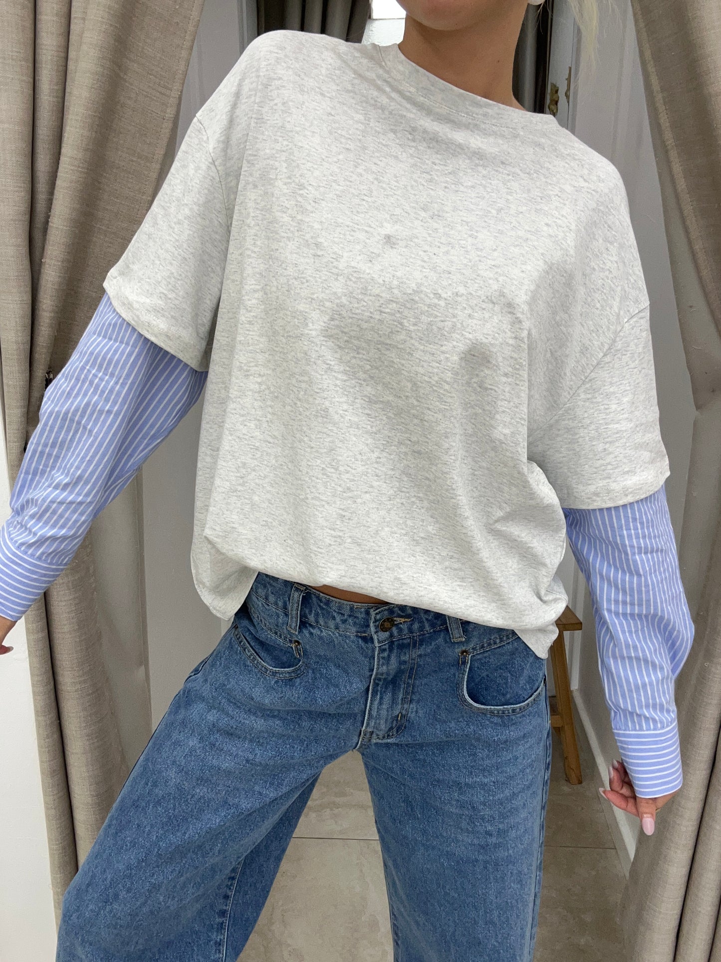 Oversize Shirt ft Sleeve Grey Marle/Blue Stripe - By Frankie
