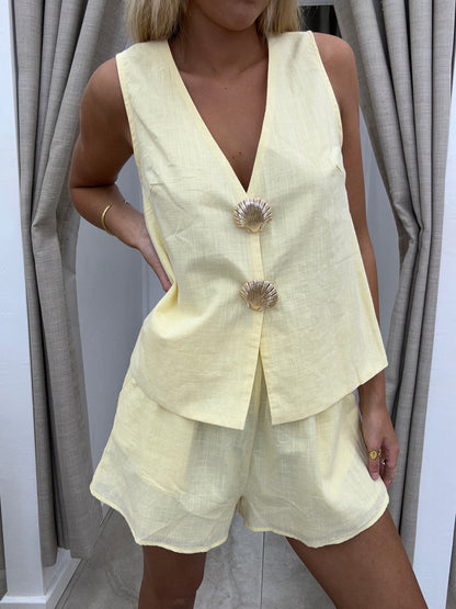 Yellow Shell Button Vest Set Cotton - Top By Frankie
