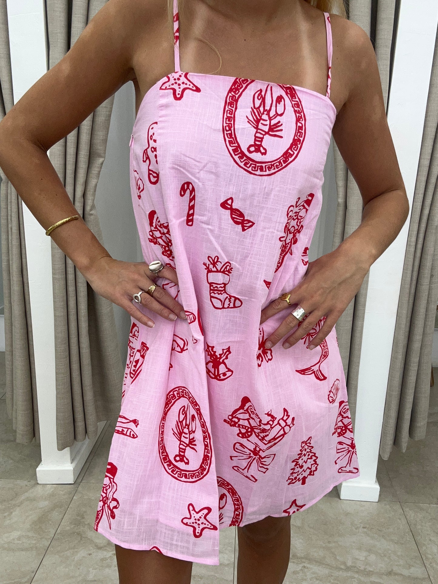 Pink Santa Print Mini Dress Cotton - By Frankie