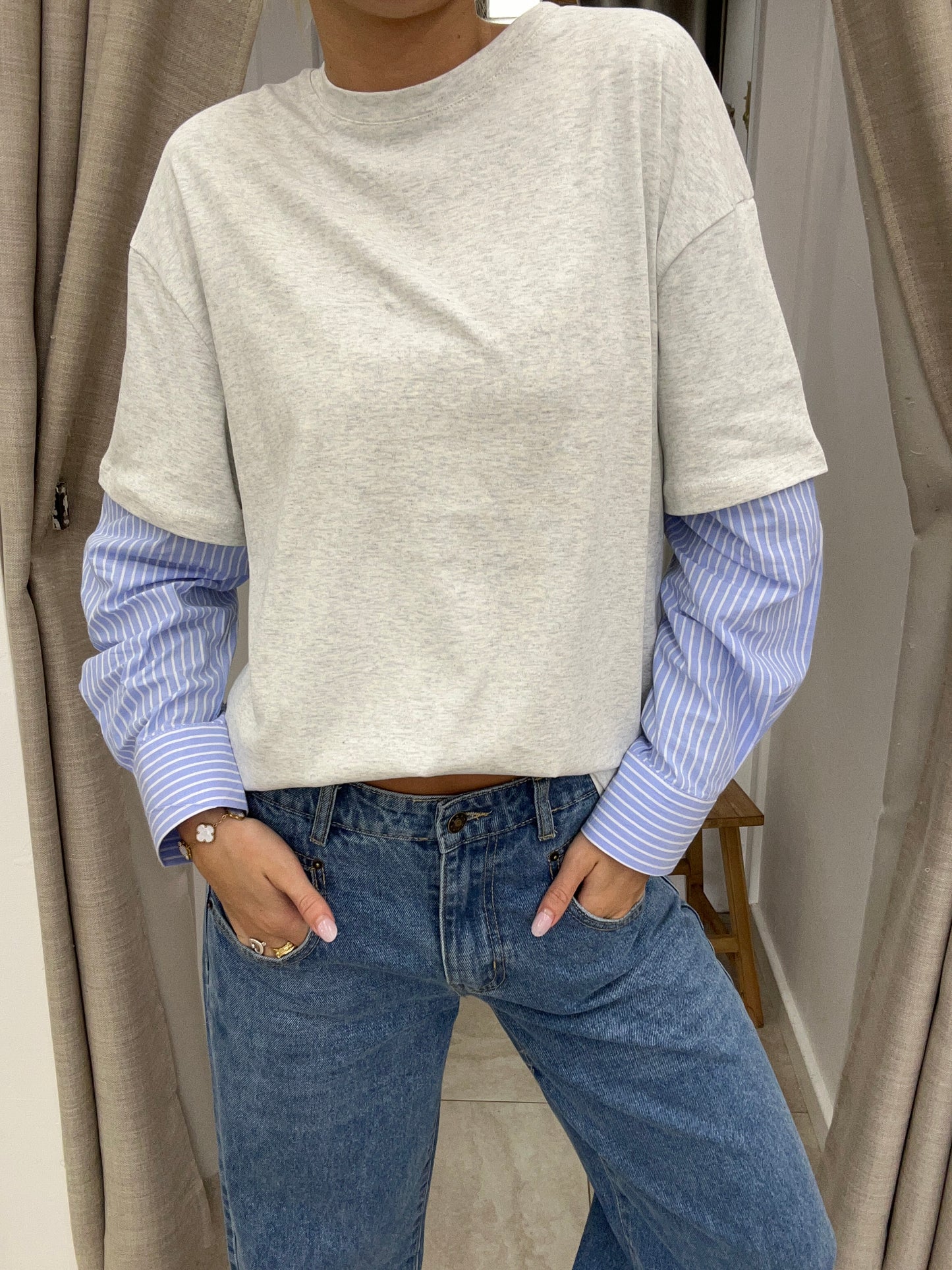 Oversize Shirt ft Sleeve Grey Marle/Blue Stripe - By Frankie