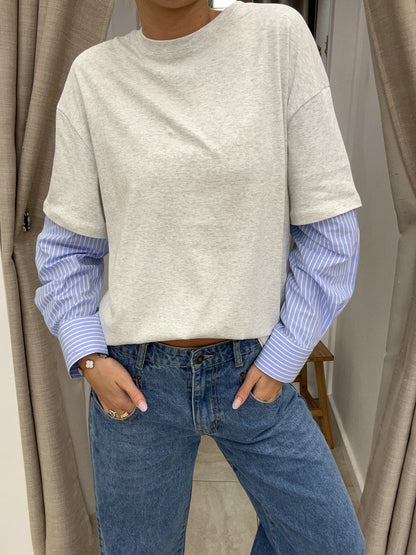 Oversize Shirt ft Sleeve Grey Marle/Blue Stripe - By Frankie