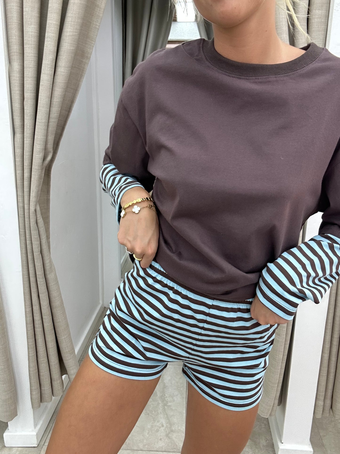 Choc/Blue Stripe Matching Shorts Set - By Frankie