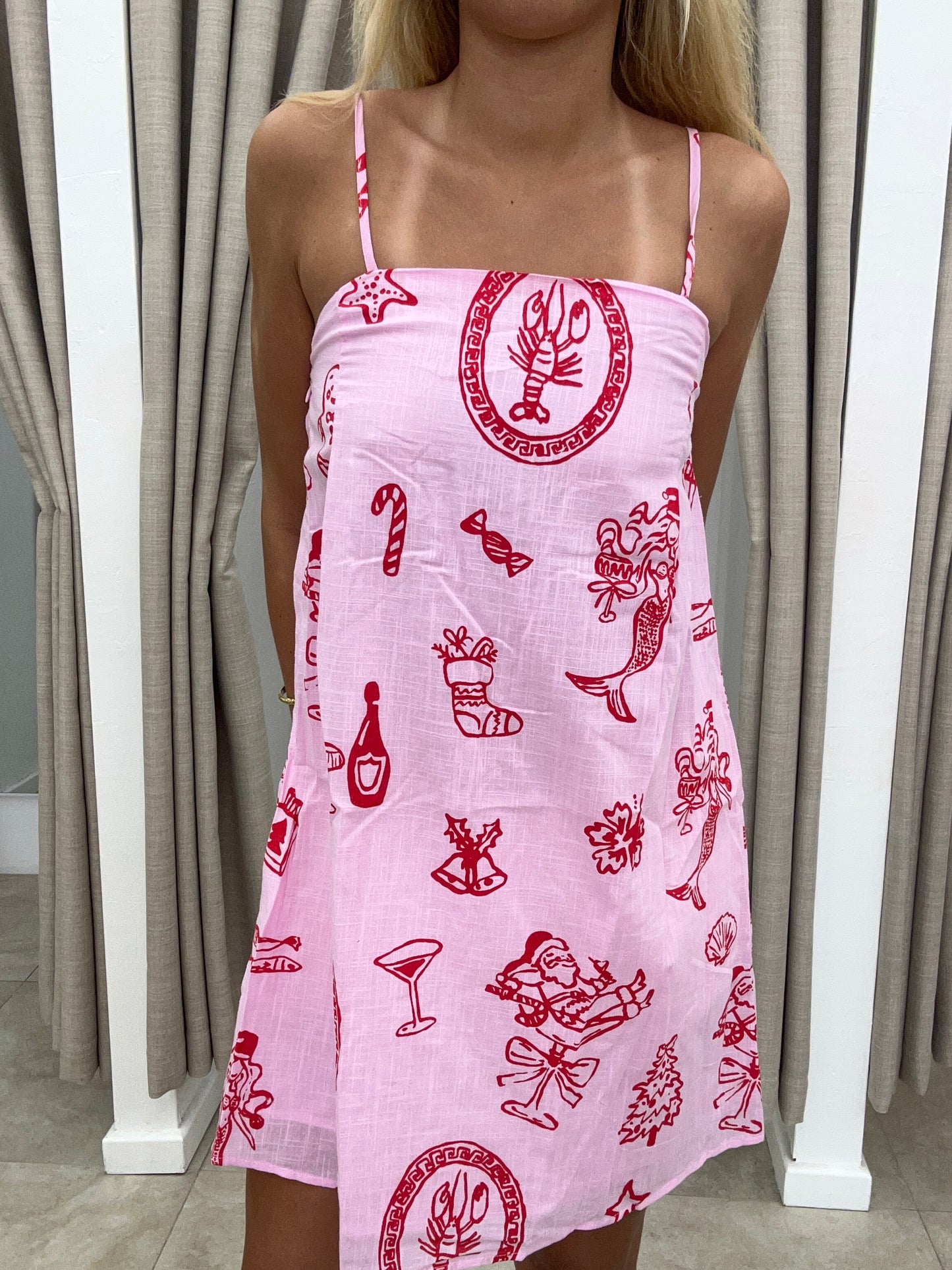 Pink Santa Print Mini Dress Cotton - By Frankie