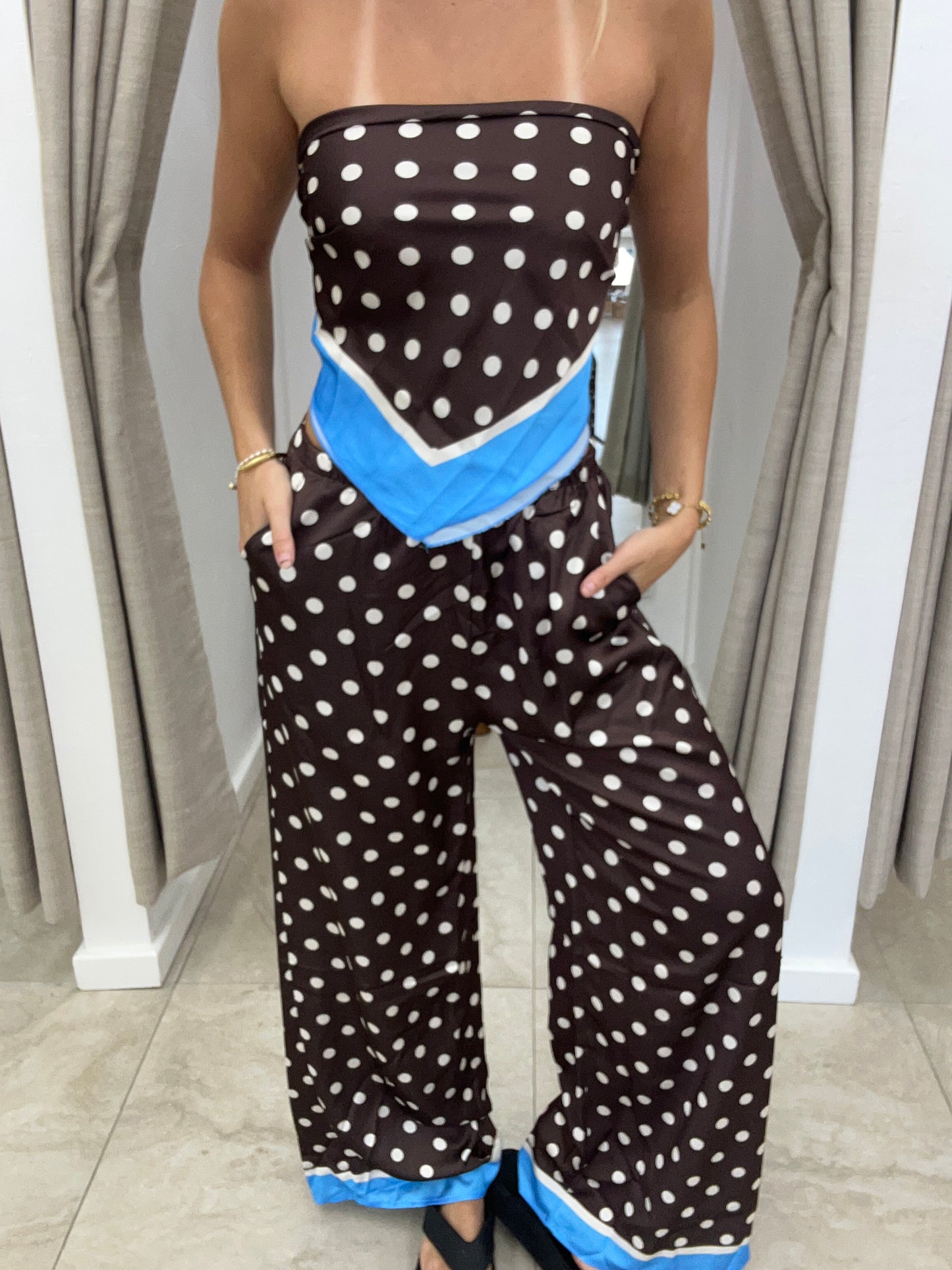 Choc/Blue Polka Satin Set - Pants By Frankie