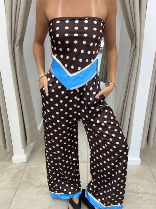 Choc/Blue Polka Satin Set - Pants By Frankie