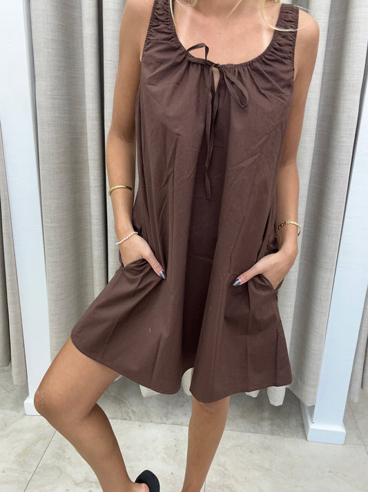 Chocolate Elastic Tie Mini Dress Cotton - By Frankie