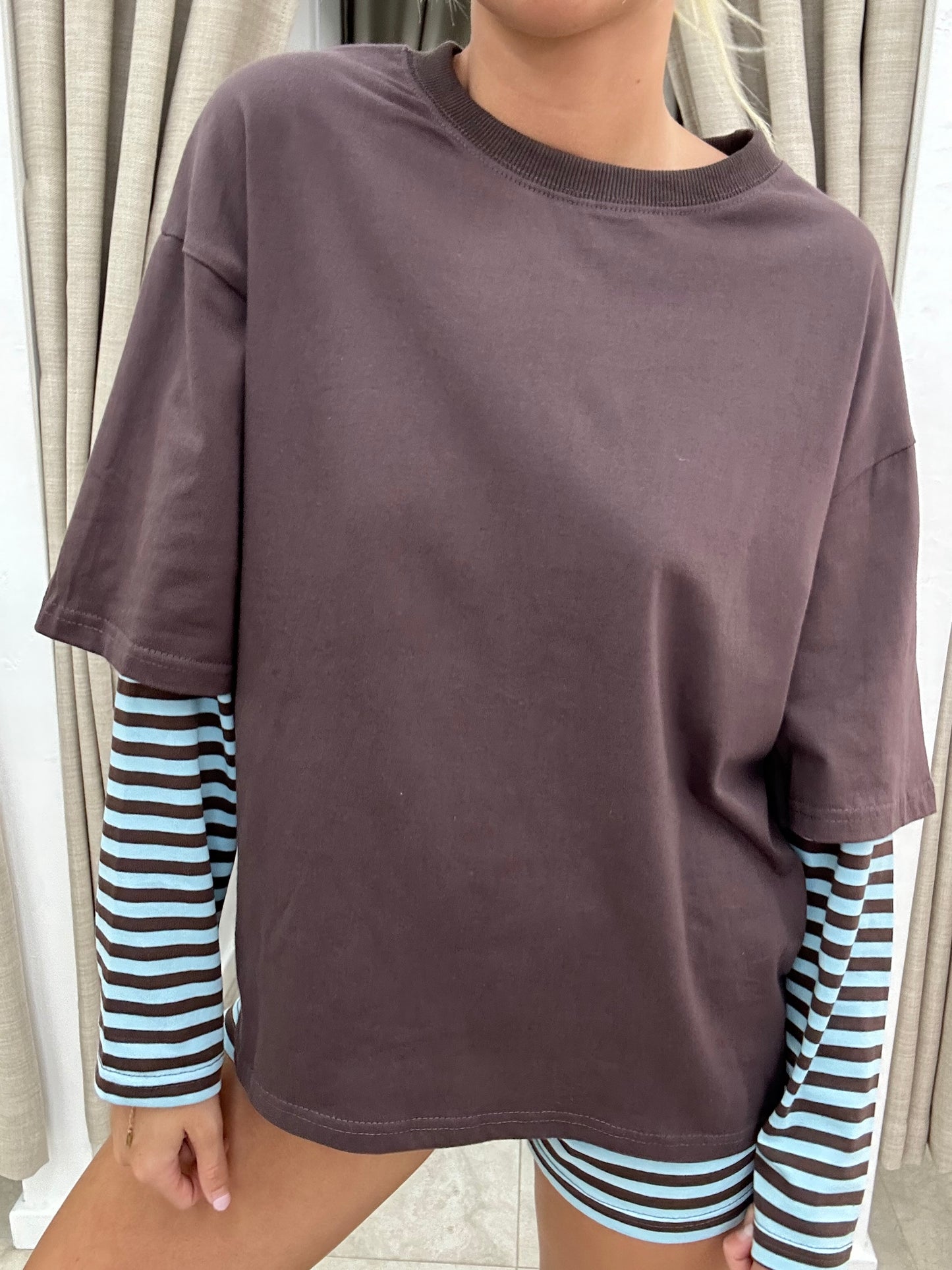 Choc/Blue Stripe Layered Shirt Set - Shirt By Frankie
