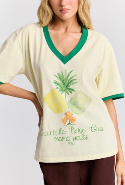 Pickle Ball V-Neck Butter & Green Tee Maku the Label