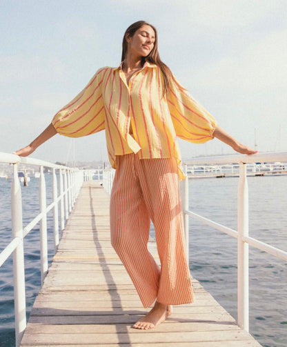 Yellow & Coral Matching Stripe Pant