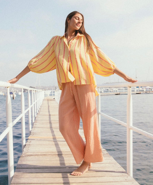 Yellow & Coral Matching Stripe Pant