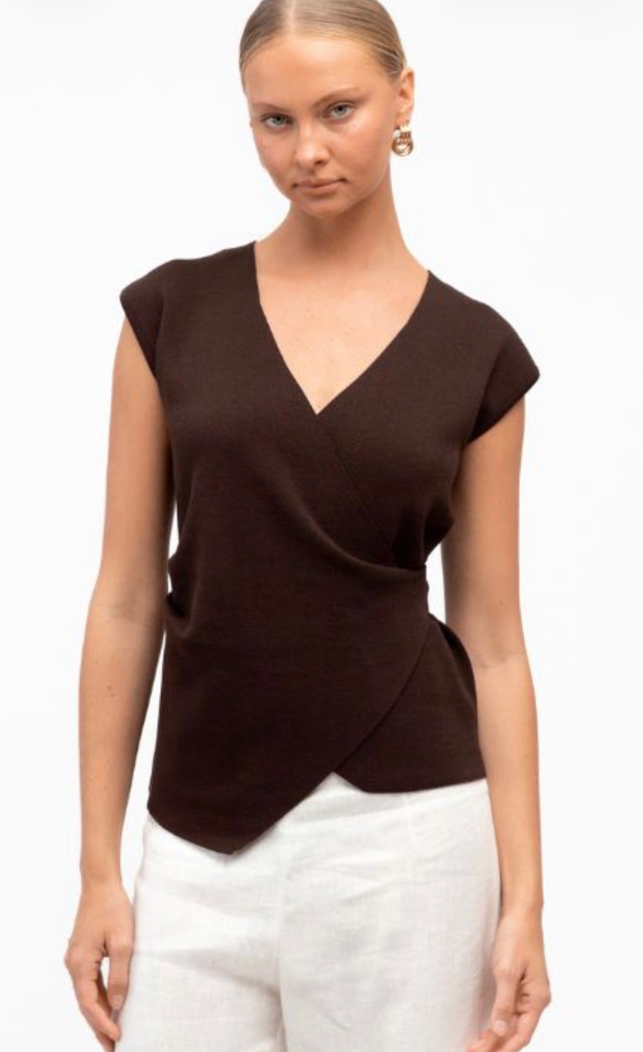 White closet wrap knit top chocolate