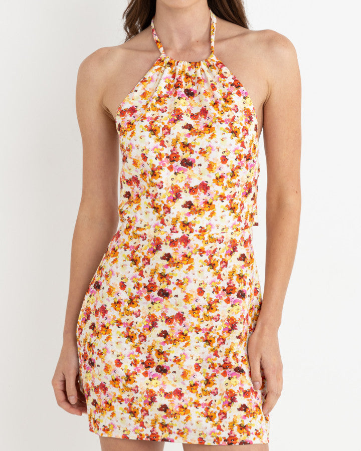 HAVEN FLORAL HALTER MINI DRESS RED