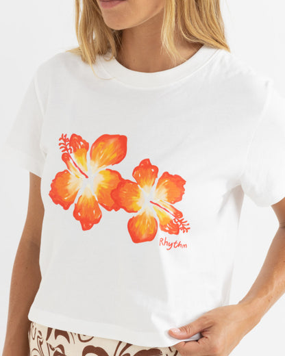 HIBISCUS FLORAL CROP CREW TEE white