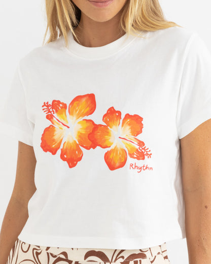 HIBISCUS FLORAL CROP CREW TEE white