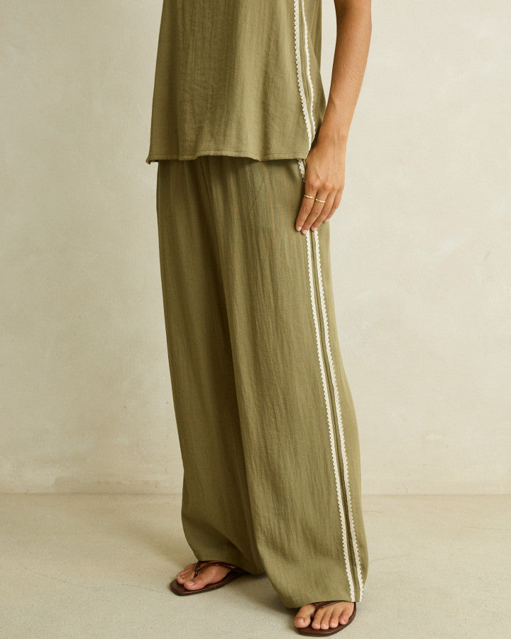 LINEN LACE TRACK PANT olive