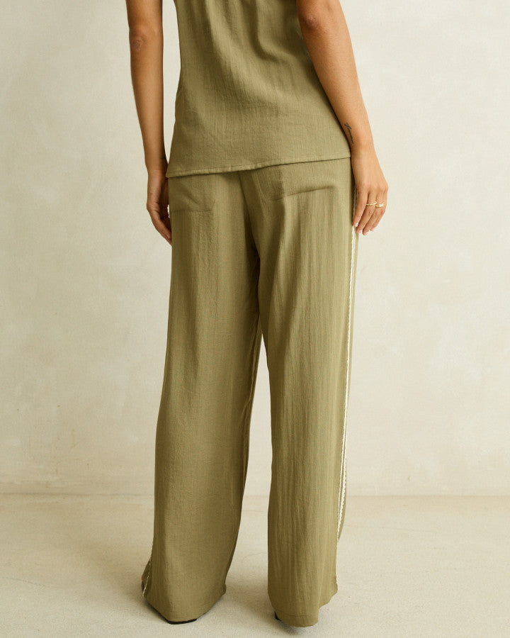 LINEN LACE TRACK PANT olive
