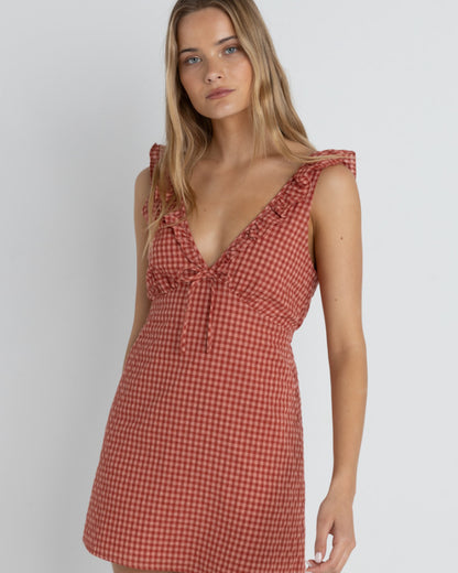 LOLA CHECK RUFFLE MINI DRESS RED