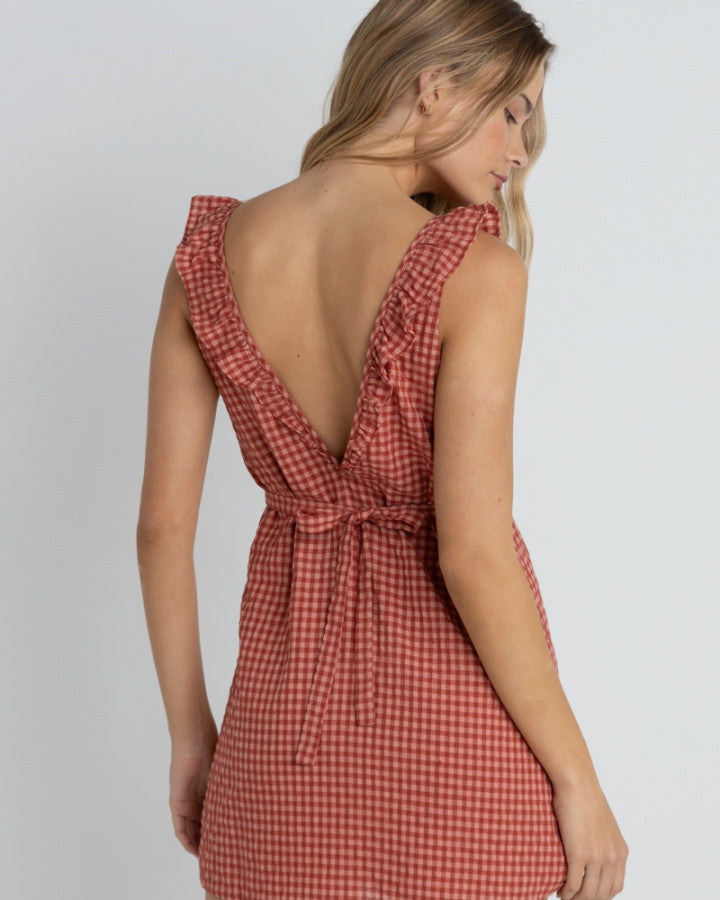 LOLA CHECK RUFFLE MINI DRESS RED