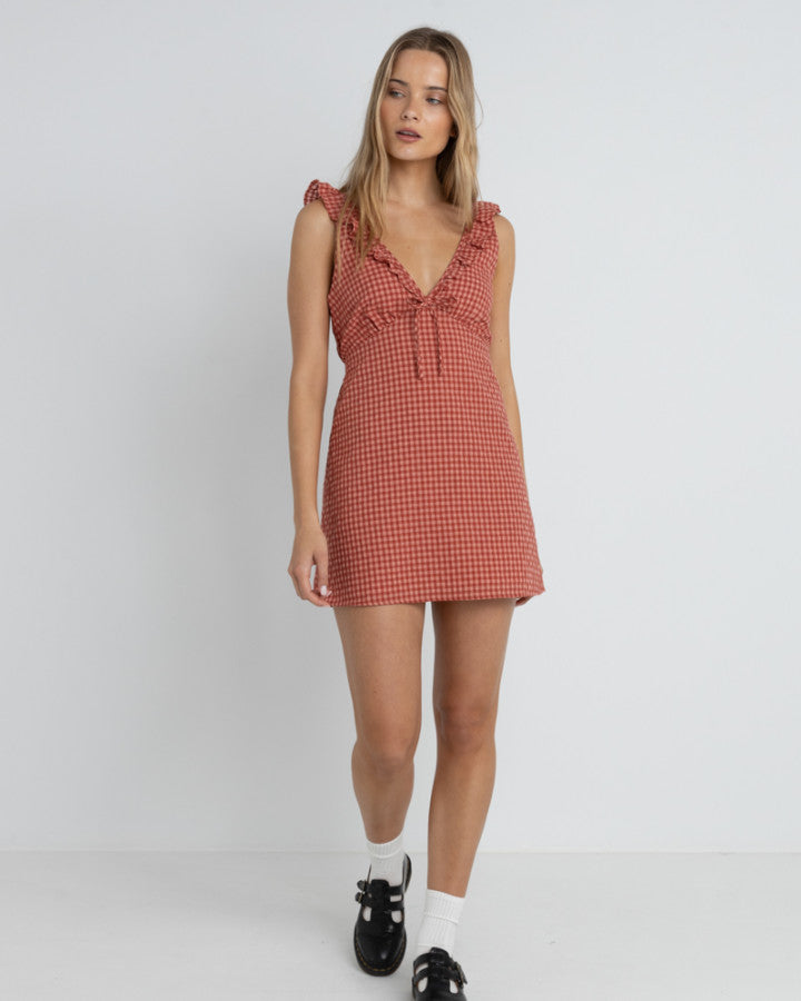 LOLA CHECK RUFFLE MINI DRESS RED