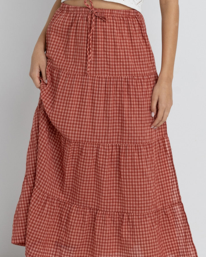 LOLA CHECK TIERED MAXI SKIRT RED