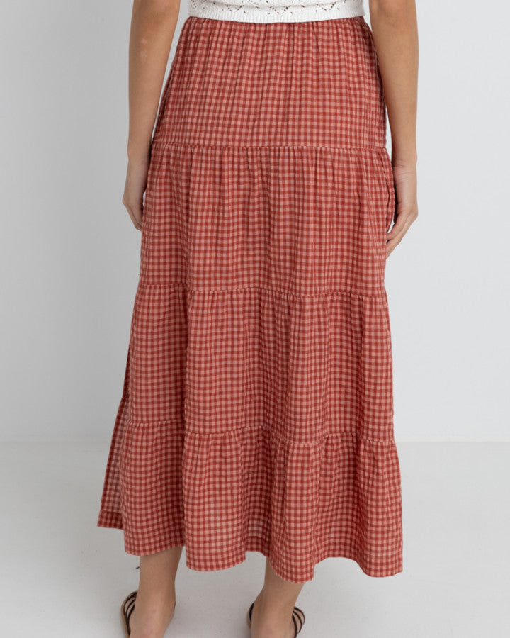 LOLA CHECK TIERED MAXI SKIRT RED