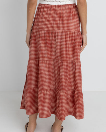 LOLA CHECK TIERED MAXI SKIRT RED