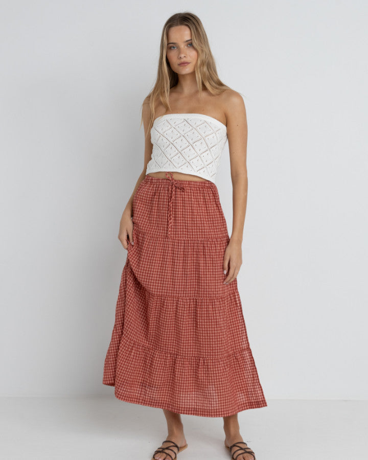 LOLA CHECK TIERED MAXI SKIRT RED