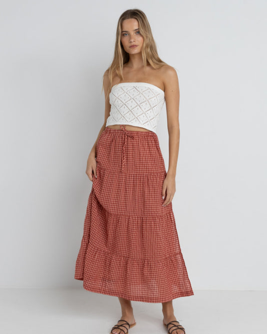 LOLA CHECK TIERED MAXI SKIRT RED