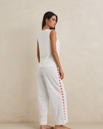 MELIA FLORAL EMBROIDERED BEACH PANT white