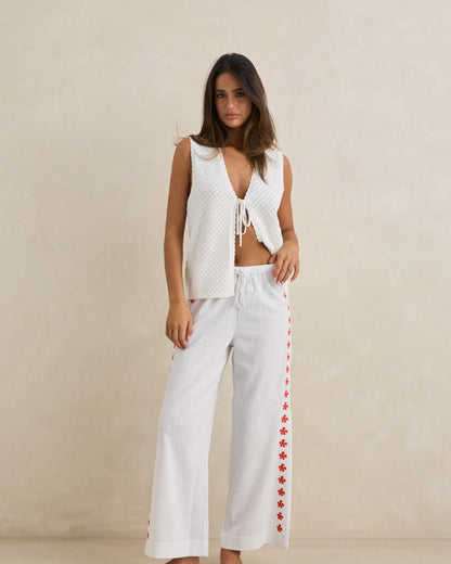 MELIA FLORAL EMBROIDERED BEACH PANT white