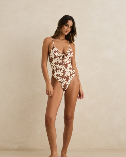 MELIA FLORAL TIE FRONT ONE PIECE chocolate